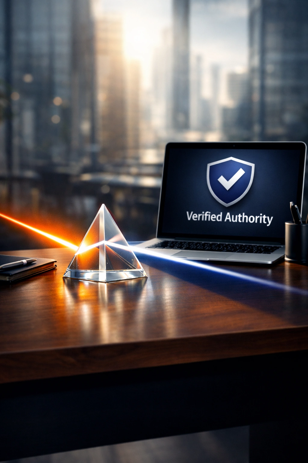 A high-end, minimalist dark walnut executive desk in a blurred, sun-drenched modern glass office, featuring a crystal-clear glass prism centrally positioned and refracting a pure white light beam into a sharp, glowing spectrum of Orange (#E67E22) and Navy (#2C3E50) rays. Beside the prism sits a sleek silver laptop displaying a "Verified Authority" badge. The image represents "Financial Transparency" and uses a strictly professional color palette of deep Navy, crisp White, and radiant Orange, with 8k resolution and cinematic lighting symbolizing massive trust and technical honesty.