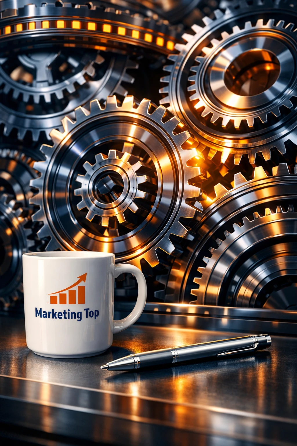 A hyper-realistic, professional landscape-oriented (9:16) image representing "Seamless Scalability" through a wide-angle shot of a futuristic clockwork mechanism. The intricately designed gears are made of polished Navy (#2C3E50) chrome and glowing Orange (#E67E22) light, which are perfectly synchronized to represent the zero-cost integration of affiliate tools into a business engine. In the foreground, a minimalist white ceramic mug with the Marketing Top logo sits next to a designer silver pen, creating a strong brand presence. Atmospheric morning light floods the scene, creating a profound sense of technical precision, massive efficiency, and professional victory in a photorealistic masterpiece with 8k resolution.