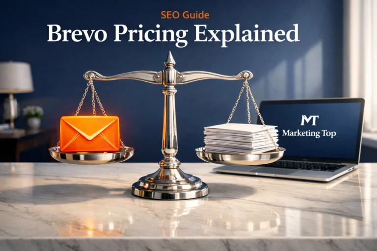 A technical breakdown of Brevo pricing explained through a balanced scale on a professional desk.