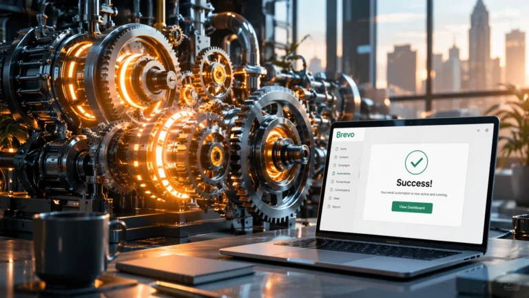 A futuristic synchronized gear system representing the efficiency of email automation with Brevo.