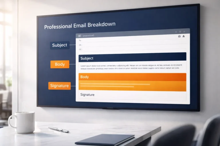 A complete professional email breakdown showing subject line, body, and signature.