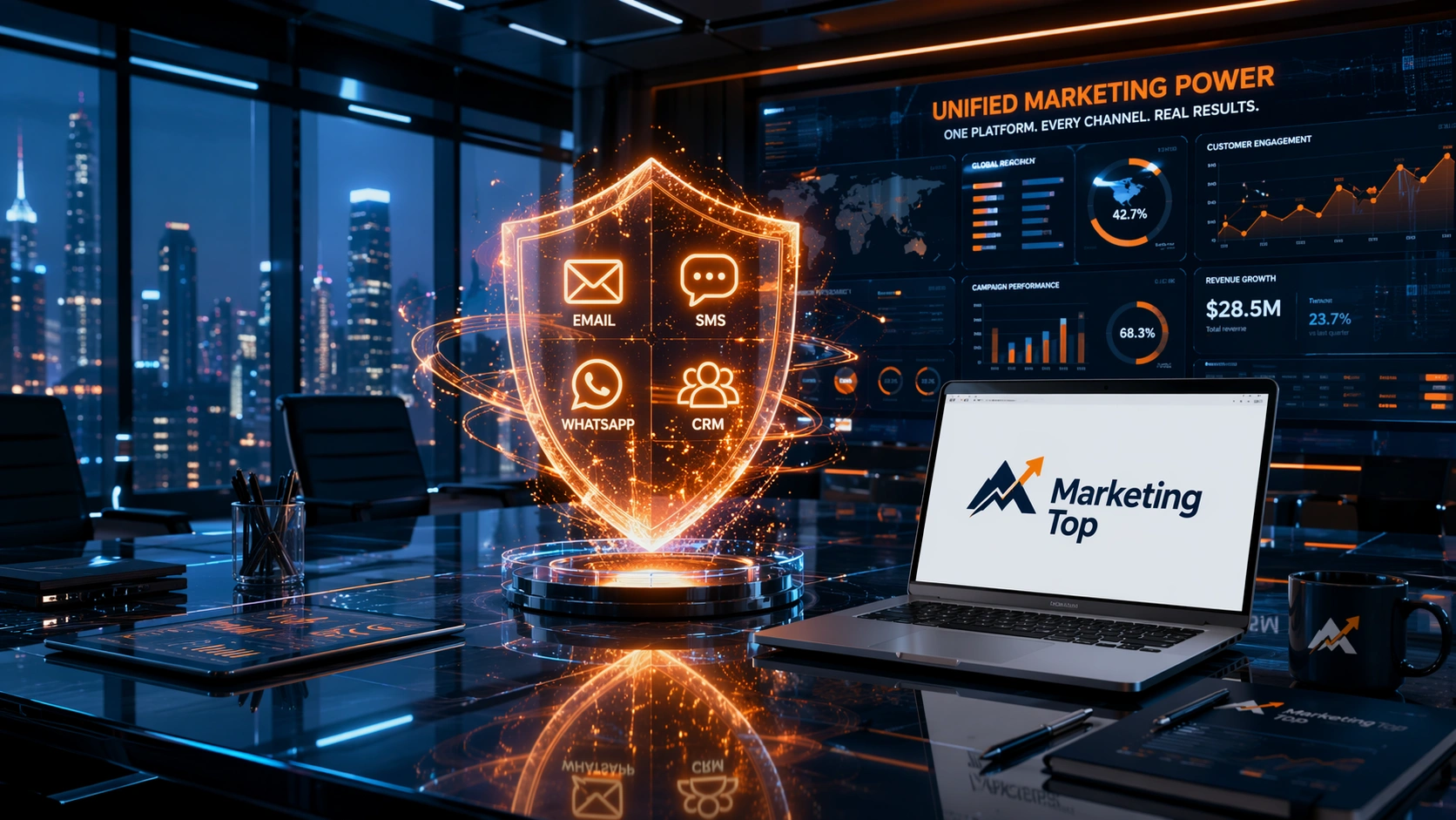 A futuristic holographic shield representing the unified power of the Brevo all-in-one marketing platform for 2026.